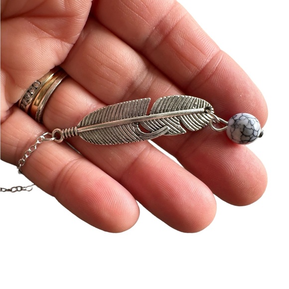 Silver Feather Design Anklet with White Bead Accent - Picture 3 of 4